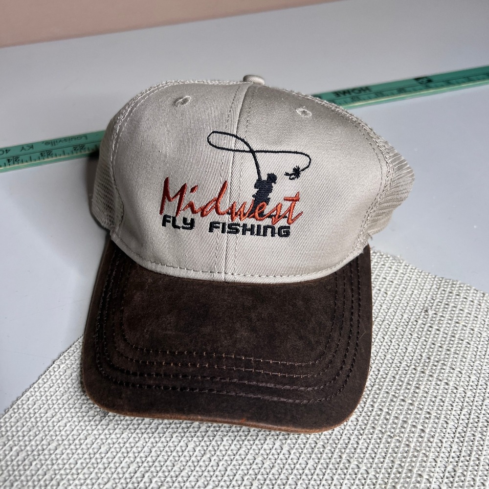 Midwest Fly Fishing Trucker Hat Mens Tan Brown Mesh Back Adjustable Baseball Cap